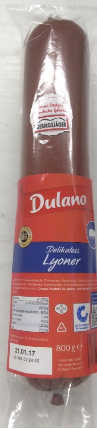 Dulano (Lidl) · Getränke KG aus Geflügel mynetfair Schweinefleisch (800 Wurst Wurstwaren / / Lebensmittel / / Adler Delikatess & Tabakwaren Fleisch · Co. Gramm) Lyoner Wurst GmbH Schwarzwald